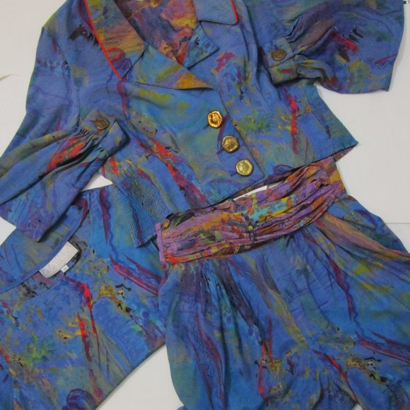 80s Rayon Cropped Jacket Tank Shorts Suit Abstract T - Picture 10 of 13